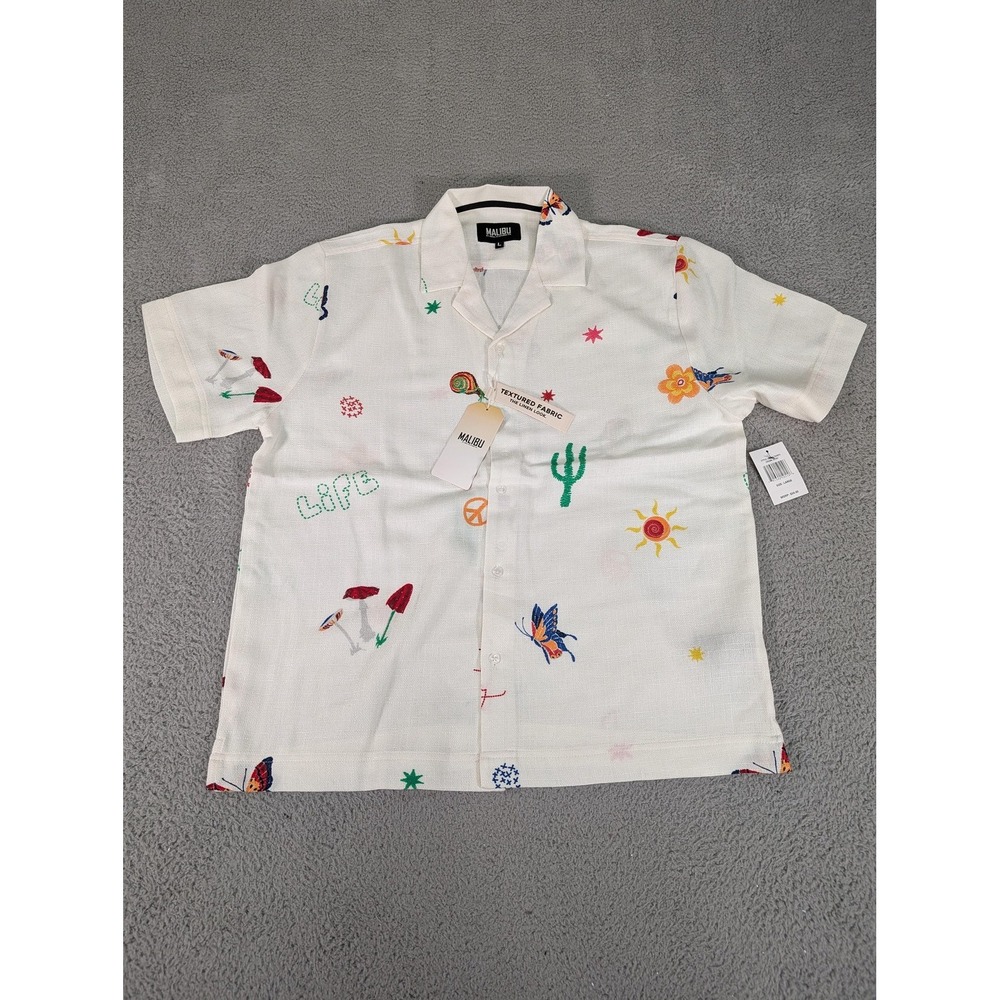 Malibu Shirt Mens Large Textured Linen Look Embroidered Summer Casual Short Slee